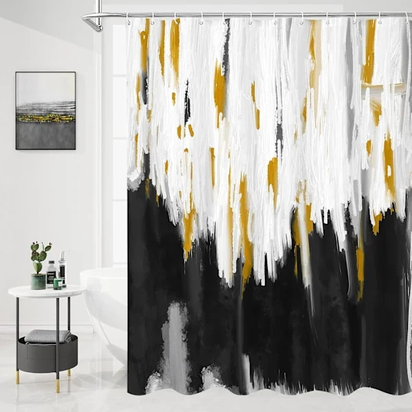 Abstrakt svart och guld duschdraperi, 72x72 tum, graffiti retro oljemålning stil tyg duschdraperi, vattentätt & mögelresistent