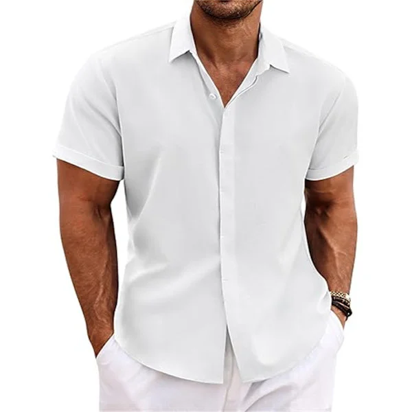 Hørskjorter til mænd Kortærmede afslappede skjorter Button Down skjorte til mænd Strand Sommer Hvid