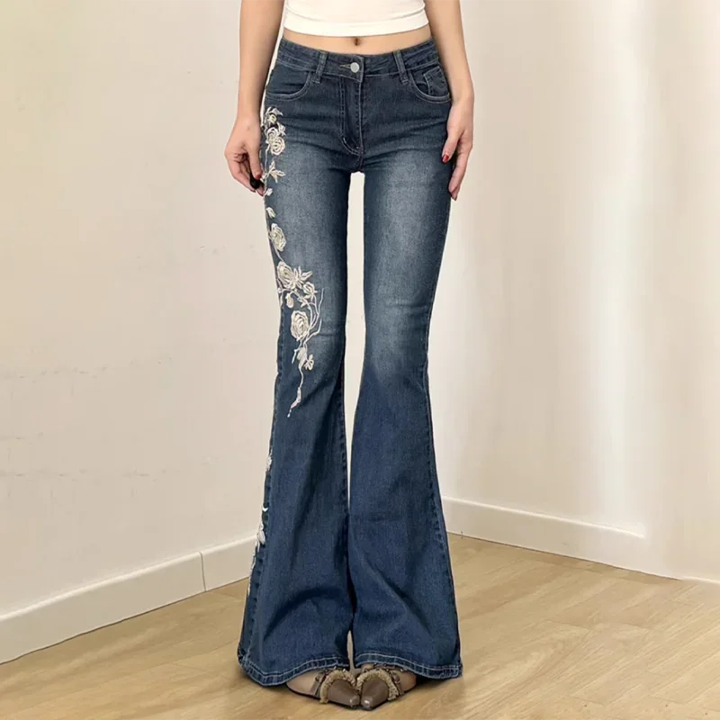 AliExpress - Jeans rétro Y2K, jeans baggy à broderies florales, jeans vintage pour femmes des années 2000, pantalon en denim évasé taille basse, 