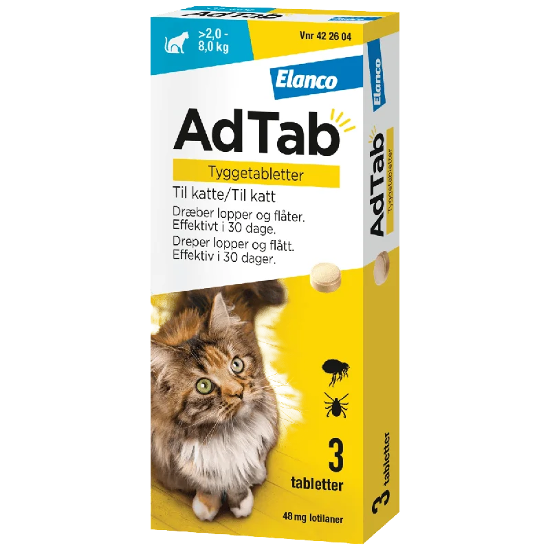 AdTab 48 mg tyggetabletter til katt (>2,0-8,0 kg) 3 stk - Mot flått og lus