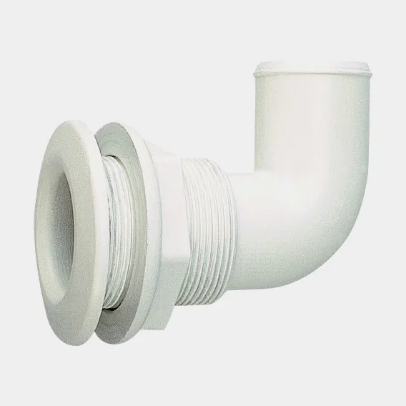Skroggennemføring til slange Nuova Rade, plast, vinklet 90°, kuplet, 1" G (BSP) til 25 mm (1") slange, hvid