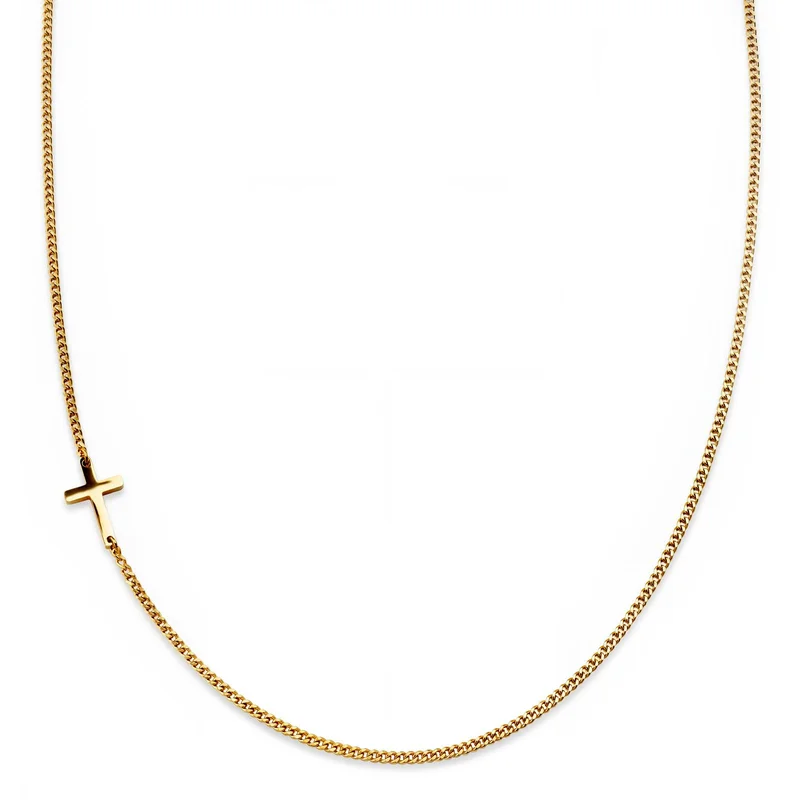 New Classics | 2mm Gold-Tone Stainless Steel Curb Chain Cross Necklace for Men - Chain necklaces