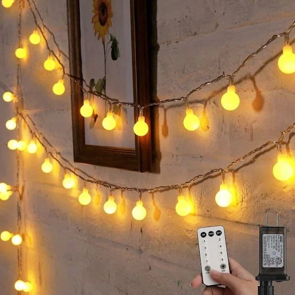 Globelamper med lyskæde, 10 meter 100 LED-lyskæde med stik, 8 tilstande med fjernbetjening, minilamper i varm hvid