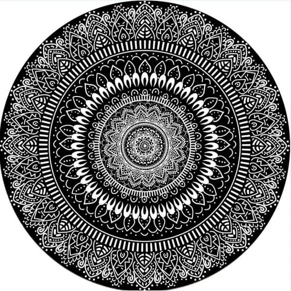 Rundt Teppe 100cm Svart Mandala Mykt Baderomsteppe Sklisikkert Vaskbart Aksentteppe Luftig Gulvmatte for Inngang Stue Soverom Barnerom