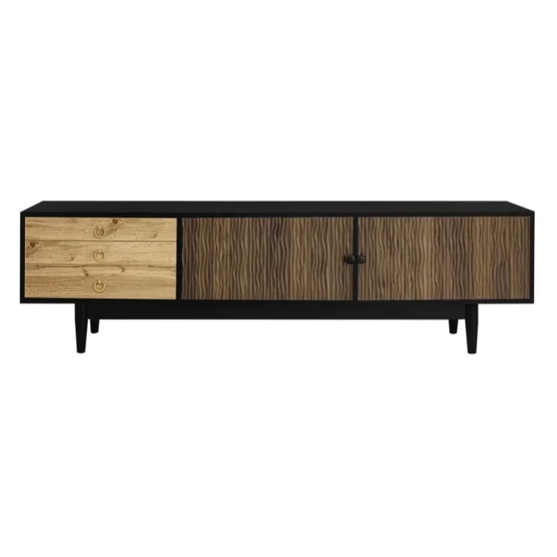 AliExpress - 2-türiger TV-Schrank mit 3 Schubladen: Regale, Soft-Close-Funktion, erhöht, MDF – Natur-Schwarz
