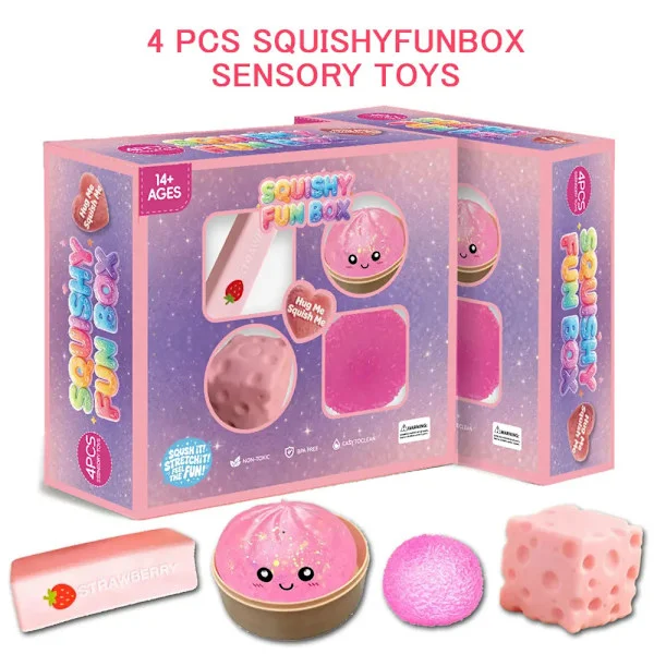 4-delat set Mystery Squishy Box Malt Socker Stressavlastande Fidget Leksaker, Kawaii Squishy Fidget Leksaker Inklusive Jordgubbe, dumpling, Ostleksak.