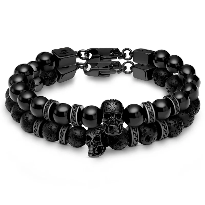 Rico Black Lava Rock and Onyx Skull Bracelets for Men - Beaded bracelets