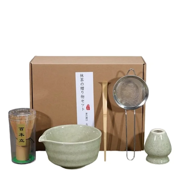 Ceramic Tea Set, including Matcha Bowl, Matcha Whisk Holder and Matcha Whisk, 5-piece Set Green[ZHE]