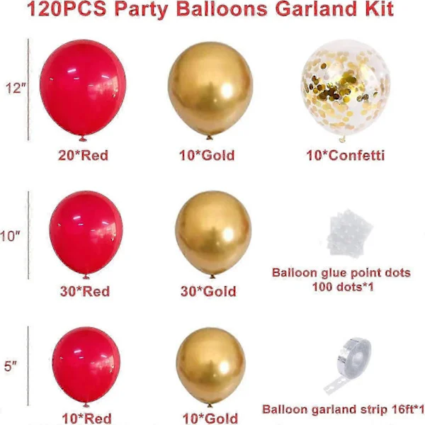 Röd Guld Konfetti Ballonger Girlang Båge Kit, 120 st 12in 10in 5in Latex Metallisk Guld Röd Konfetti Ballonger Kit För Födelsedag Bröllop, Årsdag, Ce