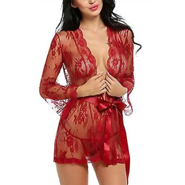 Sexiga underkläder i spets för dam, nattlinne, sovplagg, G-string, babydollunderklädesset (2XL Röd)