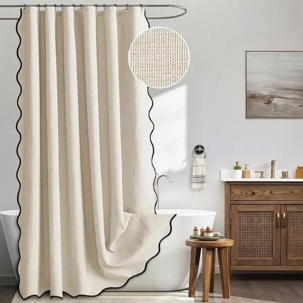 B72×L72 tum, Beige Kammusslad Duschdraperi Linne Texturerat med 12 Metallkrokar Sött Kraftigt Tvättbart Vattentätt Neutralt Tjockt Tyg Duschdraperi wi
