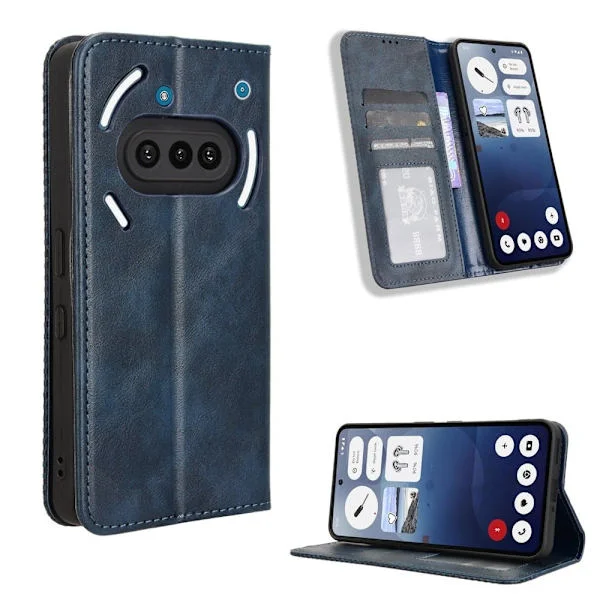 Nothing Phone (3a) Retro Vegansk Læder Case Phone Wallet Stand Cover - Blå