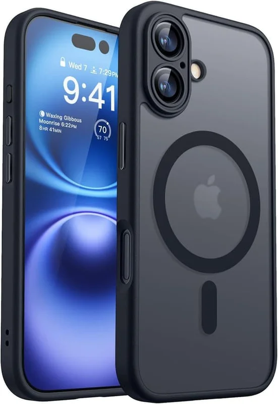 Magnetiskt skal för iPhone 16, MagSafe-kompatibelt, Genomskinlig matt baksida, Slimmad stöttåligt skal, Svart