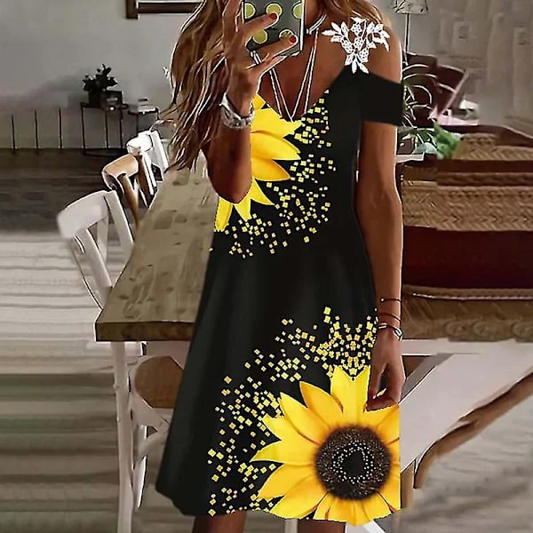 Kvinnor Print Solklänning Casual Summer T Shirt Klänning Off Shoulder Korta Mini Dresses_OP Black Sunflower