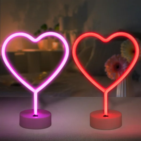 Valentinsdag Dekorationer, 2-pak Hjerte Neonskilte, LED Pink Lys Batteridrevet eller USB-drevet, Neon Lys Hjerte Indretning til Valentinsdag
