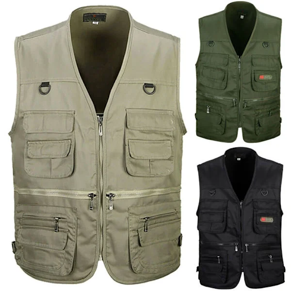 Men's Fishing Vest, Hunting, Hiking, Outdoor Vest with Pockets, Khaki khaki-FO-