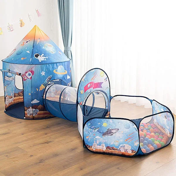 Lekstuga för barn, babytunnel och bollhav för barn, pop-up-tält lämpligt för inomhus- och utomhusbruk för pojkar och flickor (rymdraket)