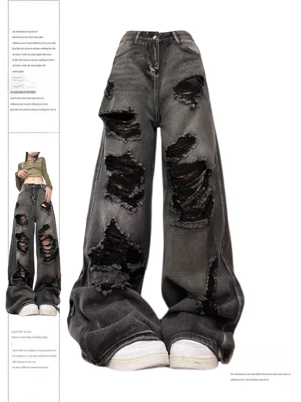 AliExpress - Zerrissene Jeans für Damen, Baggy-Vintage-Ästhetik, Streetwear, Cowboy-Hose, Harajuku, Oversize-Denim-Hose, Y2k, 2000er-Jahre, modische 