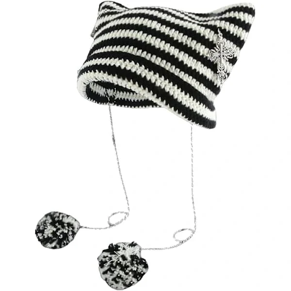 Grunge Beanies Crocheted Knitted Hats For Women Girls Fox Cat Ear Goth Emo Alt Y2k Accessories Grunge Clothes