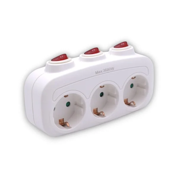 Trippel Schuko-kontakt i vitt med individuell strömbrytare 3 uttag med strömbrytare Adapter med individuell strömbrytare MAX. 3680W 16A/250V Trippel 