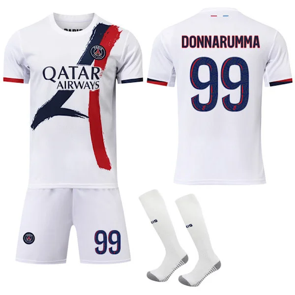 Paris Saint-Germain 2024-2025 Udebanesæt Fodboldudstyr Børn & Voksen Hvid Trøje med Strømper Nr. 99 Donnarumma Fodbolduniform S Nr. 99 DONNARUMMA