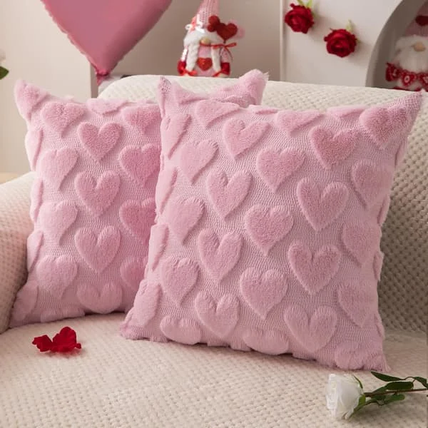 Valentinsdag Pudebetræk 45x45 cm Sæt med 2 Valentinsdag Dekoration Pink Hjerte Blød Plys Faux Fur Jacquard Pyntepuder til Soveværelse Sofa