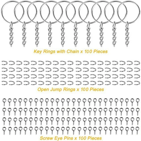300 st Delade Nyckelringar med 100 Nyckelrings Öglor, 100 Öppna Öglor och 100 Skruvöglor