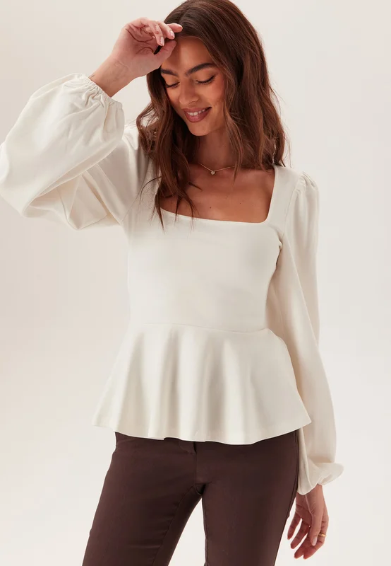 BUBBLEROOM-Long Sleeve Peplum Top-White - Peplum-Toppi