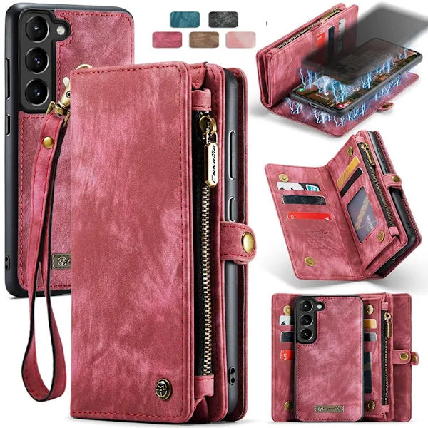 Avtakbar for iPhone16, Samsung Lommebok 2 i 21 Deksel med Kortholder, Retro Premium Flip Skinnveske Magnetisk Glidelåslomme Telefondeksler Mørk Rosa