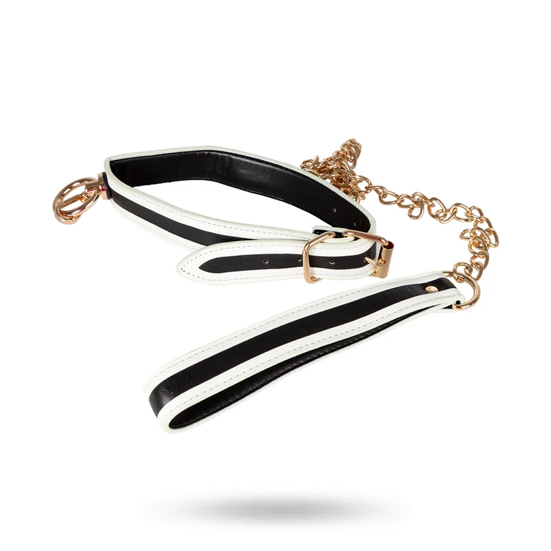 Glow-in-the-Dark Collar with Leash - White/Black/Gold - Vuxen
