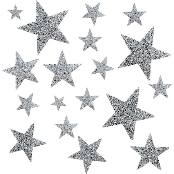 18 stk. strykemerker til klær - 2cm - 4cm - 6cm - 8cm sølvstjerner, vesker - Ideell for reparasjon og dekorasjon - DIY tekstilprosjekter