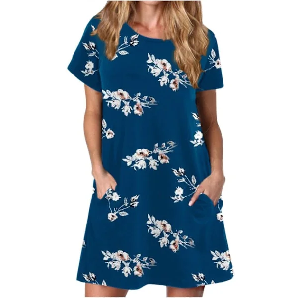 QLEICOM Kvinders Sommer Casual T-shirt Kjoler O-hals Kortærmet Løs Kjole Solkjole med Lommer Mørkeblå B XXL, US Størrelse: 12