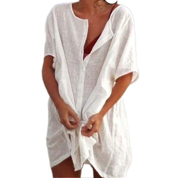 Women's Oversized Cotton T-Shirt Dress, Beach Dress, Round Neck Bikini Cover-Up with Button Placket White