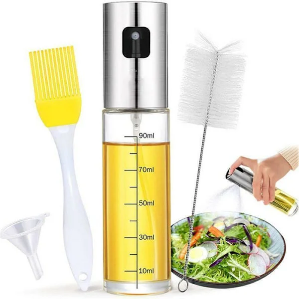Kokkens Bedste Ven: Bærbar Oliespray til Madlavning og Bagning, 90 ml Rustfrit Stål og Glas Sprayflaske, Alsidig til Alle Køkkener, Nem