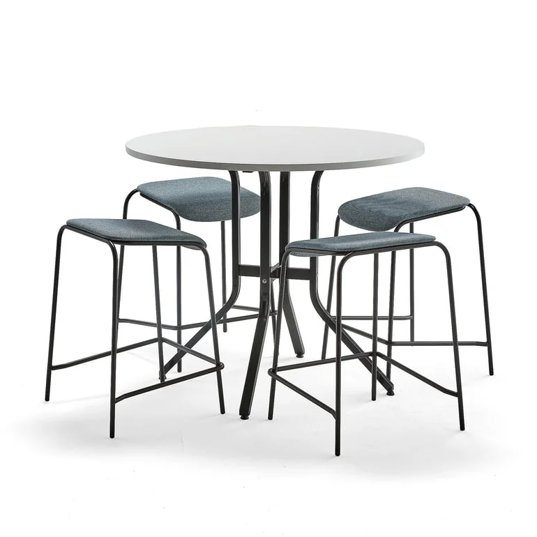 Furniture set VARIOUS + ATTEND, 1 table and 4 blue grey stools