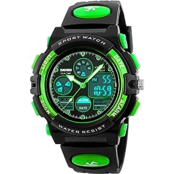 Digital barnklocka LED Utomhussporter 50M Vattentät Klocka Pojkar Barn Analog Kvarts Armbandsur med Alarm - Grön