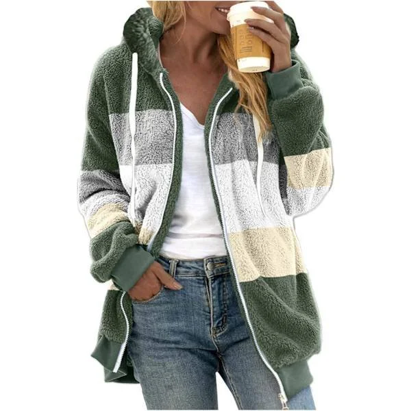 Luvtröja dam teddyfleece kappa övergångsjacka med huva med fickor dragkedja höst vinter plyschjacka fleecejacka vinter M J Grön M