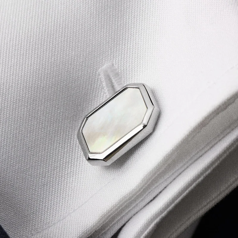 Octagonal Silver-Tone Cufflinks with Mother-of-Pearl Inlay for Men