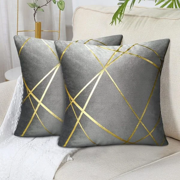 Set med 2 grå soffor (utan örngott) Sammet Kuddfodral 45 x 45 cm Dekorationskuddar Kuddfodral Guldlinjer Geometriska Kuddar Livin