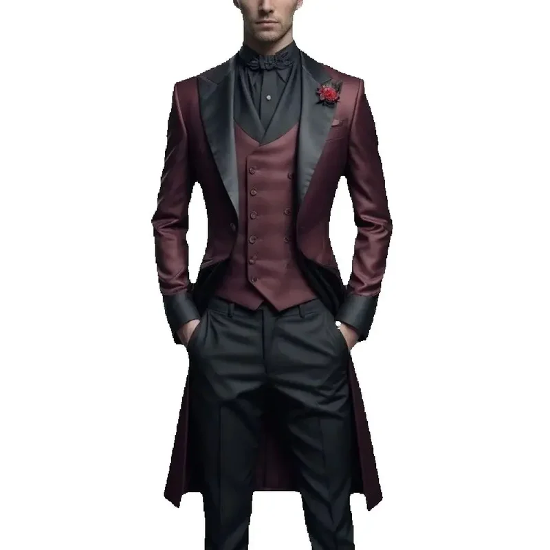 AliExpress - Burgunderroter und schwarzer langer Blazer Herrenanzug, formell, für Hochzeit, Party, Bräutigam, Trauzeuge, Abschlussball, Herren-Smoking