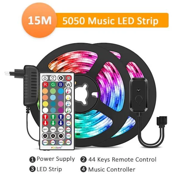 RGB 15m LED-slinga RGB5050 Musiksynk LED Strip multic