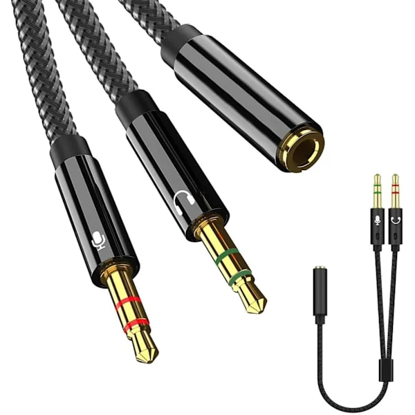 3,5 mm Stereo Ljudjack Adapter, Headset Mikrofon Y Splitter Adapter, 3,5 mm Hona till 2 Dubbla 3,5 mm Hane, Hörlurar-22cm
