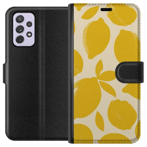 Kompatibelt Plånboksfodral till Samsung Galaxy A52s 5G Citrontryck citroner gula citrusfrukt köksmönster sommar design tapet retro stil färsk inspira