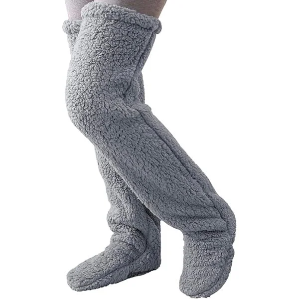 Knähöga och lårhöga fluffiga strumpor för dam, långa benvärmare i plysch för vintern, fluffiga tofflor, julstrumpor för hemmet.