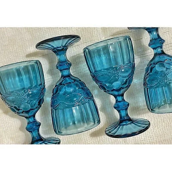 1 stk. Europæisk stil vintage præget kronblad glas udskåret rødvinsglas juiceglas, bæger blå
