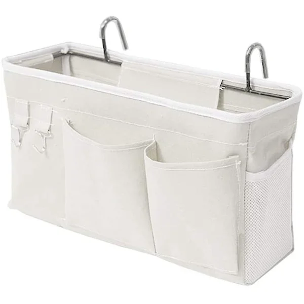 Bed Organizer Bedside Caddy with Wire Hook Hanging Bag Loft Bed Storage Bag for Book, Magazine, Cell Phone, Headphones Bed Storage (White)