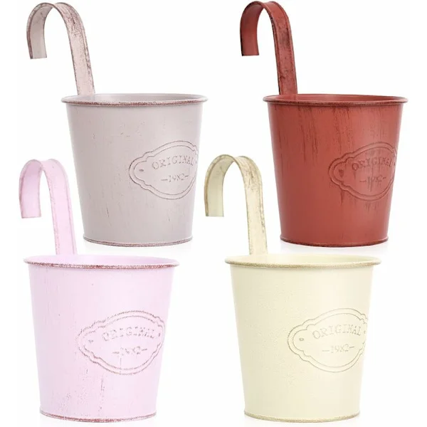 Small Hanging Colorful Flower Pot with Removable Hook, Metal Balcony Planter, Vintage Hanging Pot for Balcony Decoration Outdoor and Indoor Wall