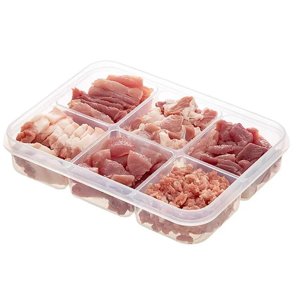Fryseboks til kødopbevaring med 6 rum, fødevaregodkendt organisator til portionering af frossen mad, transparent