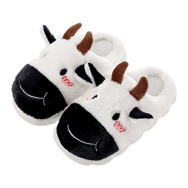 Söta ko-tofflor, halkfria tofflor för hemmabruk, bekväma och varma tofflor, kawaii-tofflor, vita/svarta mjuka bottenskor för barn