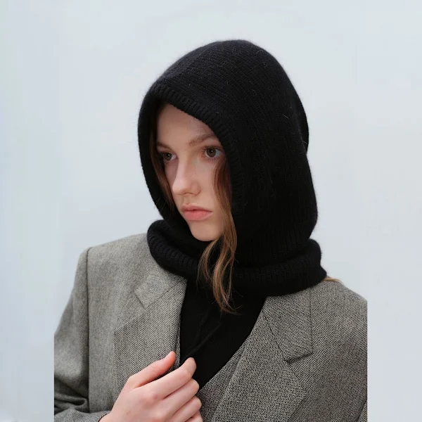 Women's Winter Hats Girls Warm Hooded Scarf Hat Skull Hat Balaclava Knitted Beanie Hat with Adjustable Drawstring Black 40*23CM